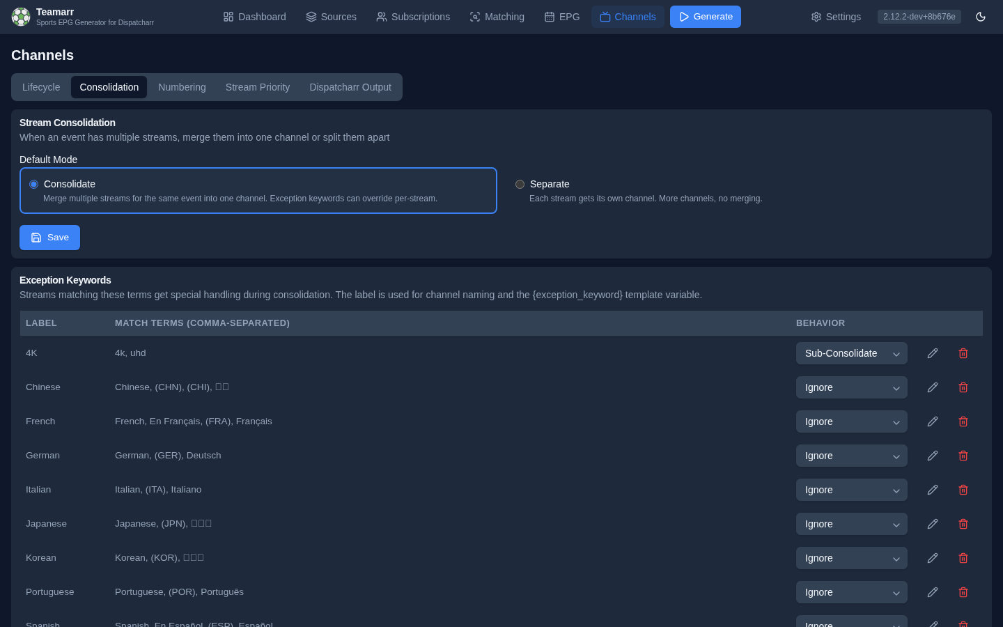 Channels → Consolidation — default mode and the exception keywords table