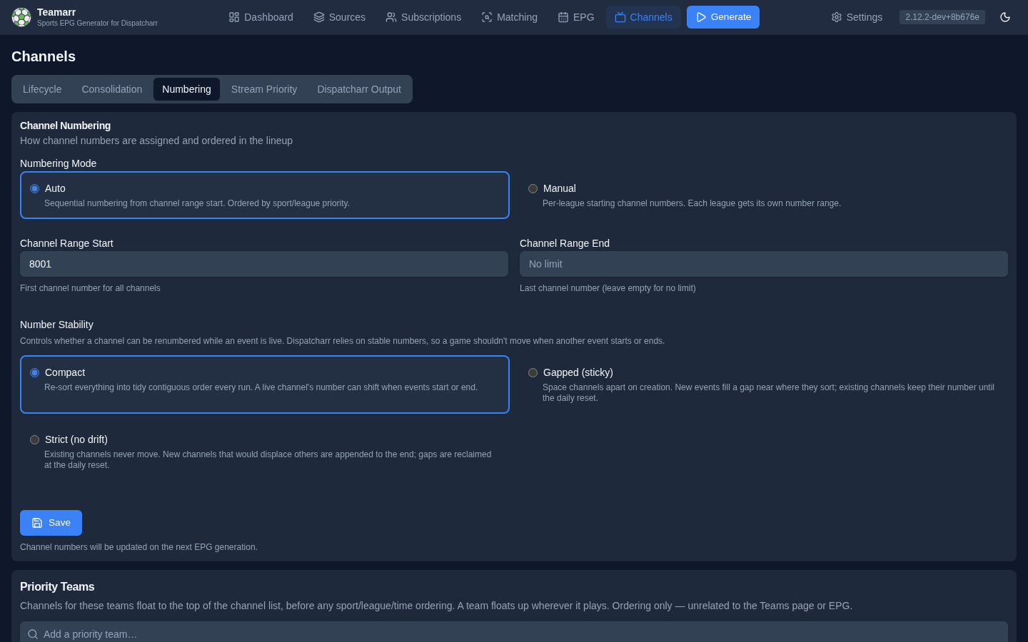 Channels → Numbering — priority teams, pinned blocks, ordering, and number-stability options