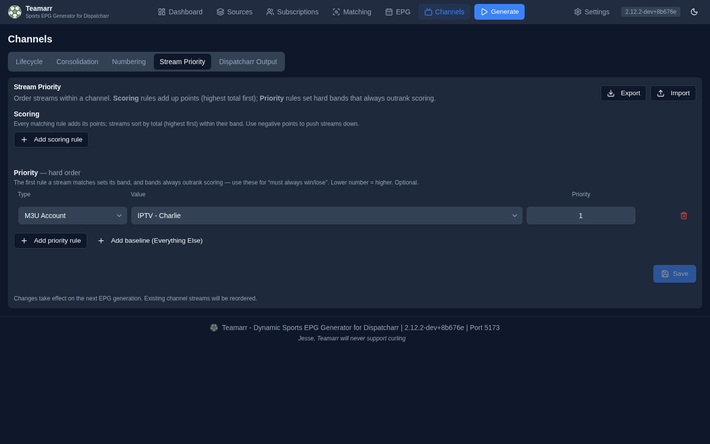 Channels → Stream Priority — scoring and priority rule sections