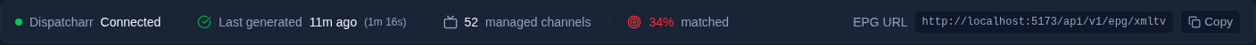 Dashboard status strip with the EPG URL and Copy button