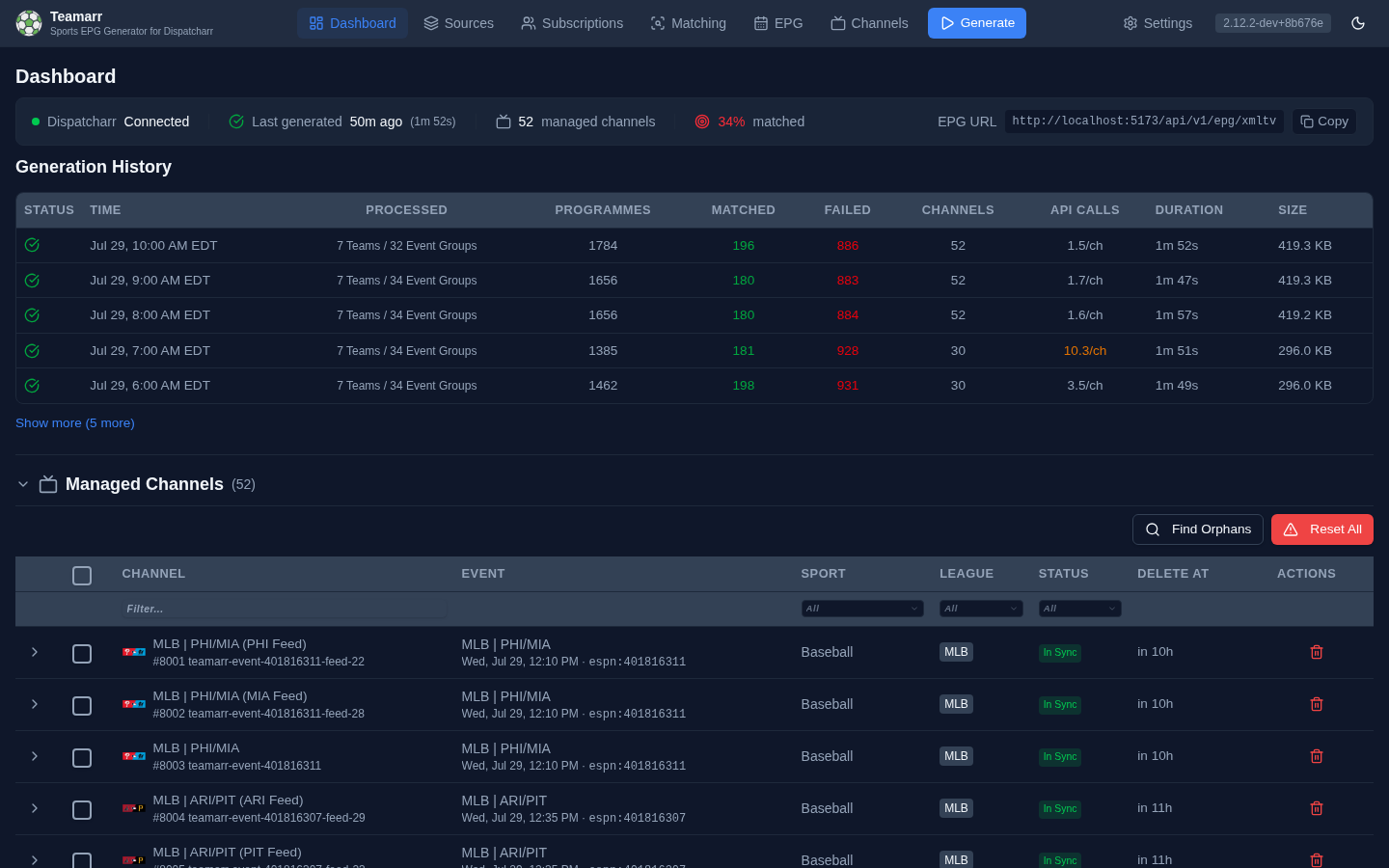 Dashboard — status strip, generation history, and managed channels