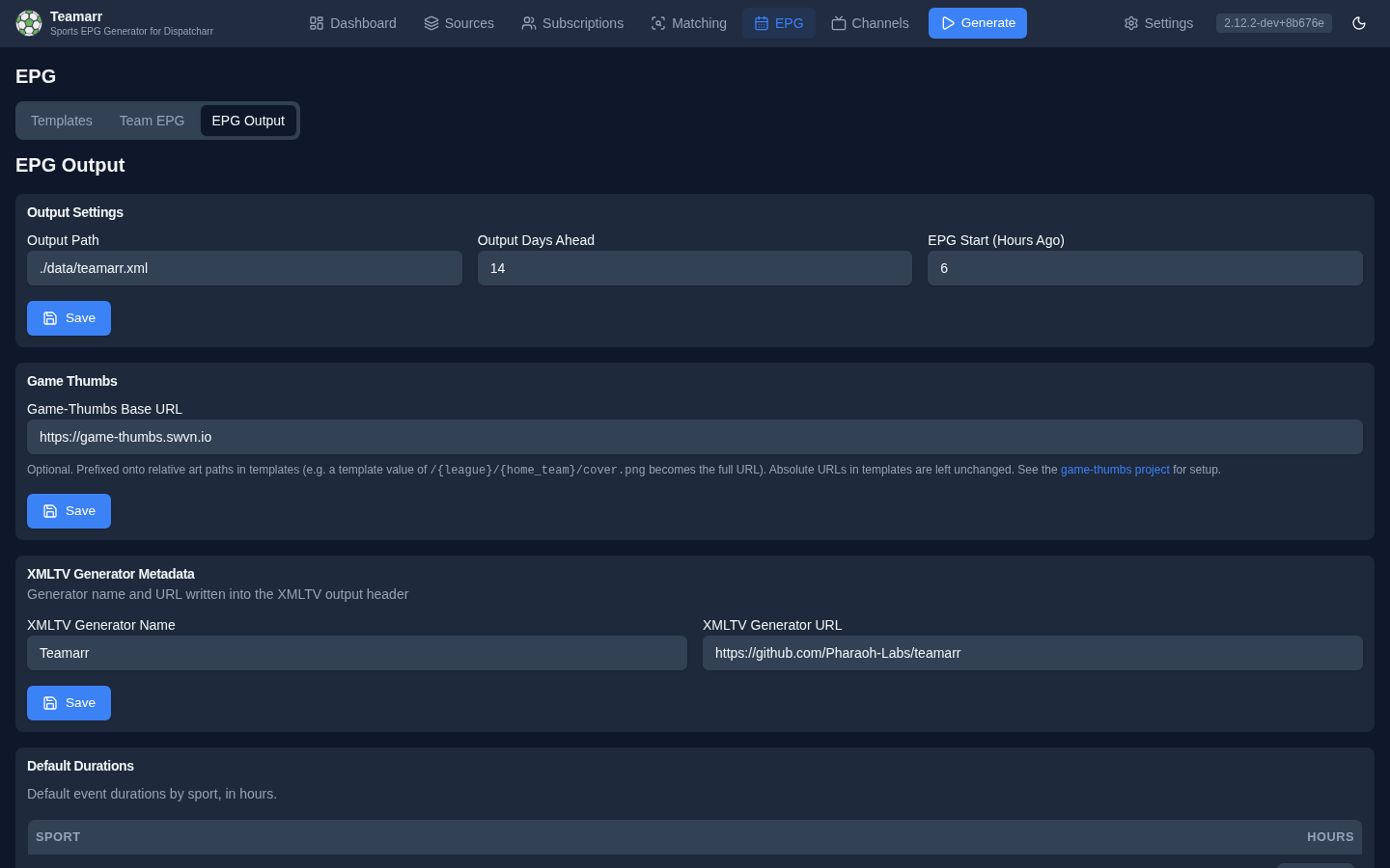 EPG → Output — output settings, Game Thumbs base URL, and XMLTV metadata