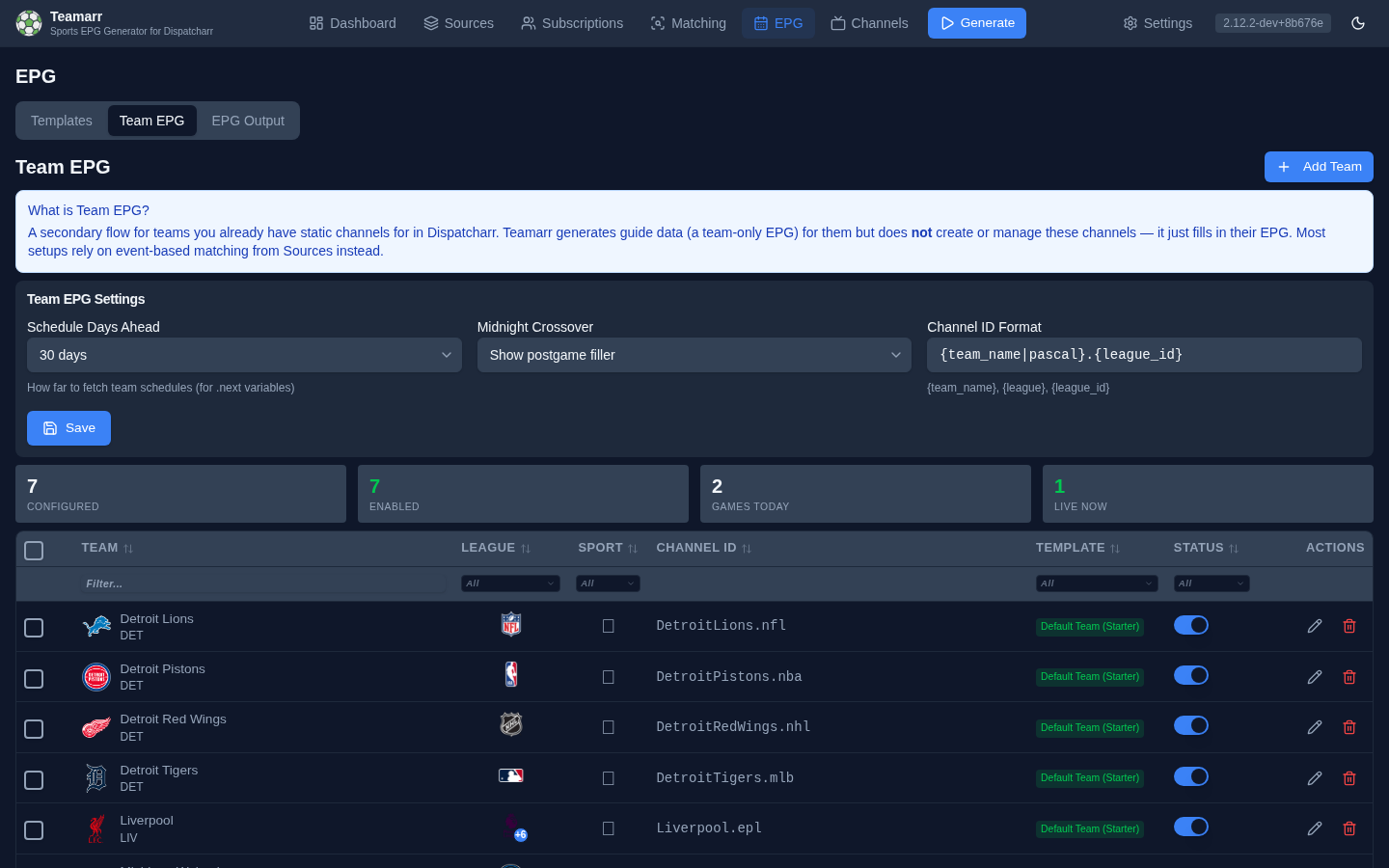 EPG → Team EPG — settings card, stats, and the teams table