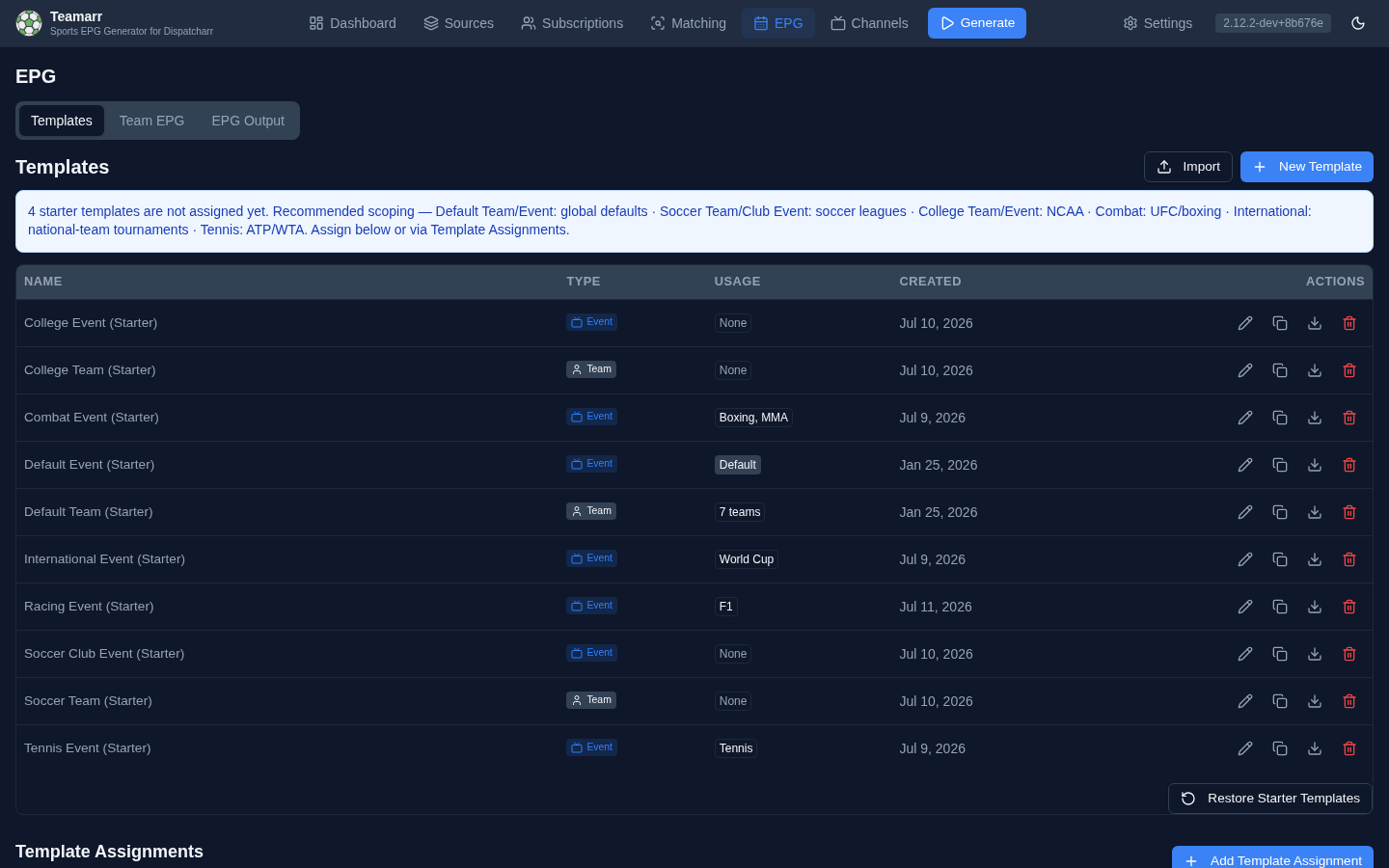 EPG → Templates — the starter set with Import/Export and the assignments manager below