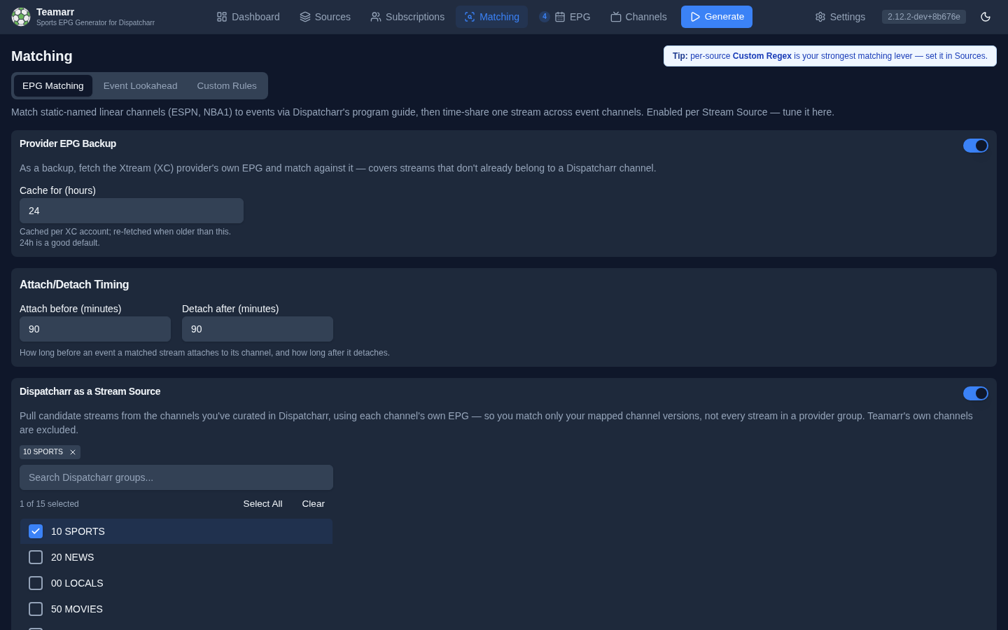 Matching page — EPG Matching view with its three tiles