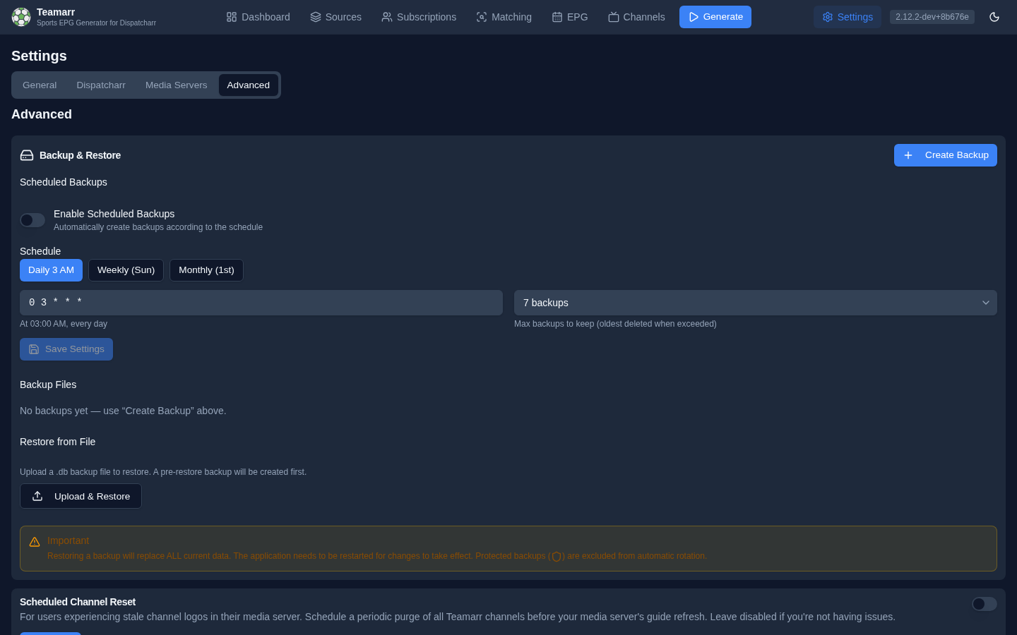 Settings → Advanced — scheduled backups, backup files, and restore