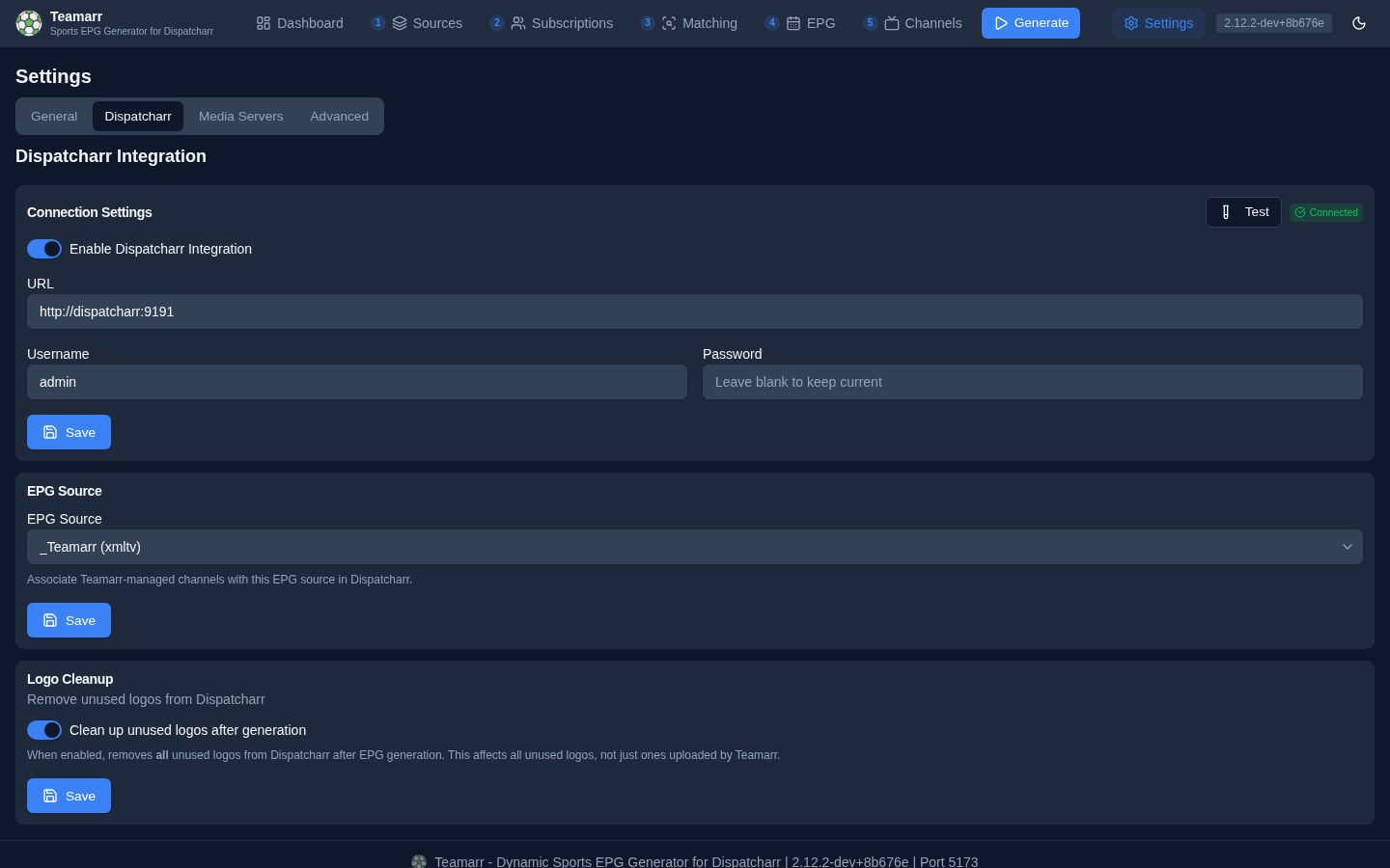 Settings → Dispatcharr — connection, EPG source, and logo cleanup