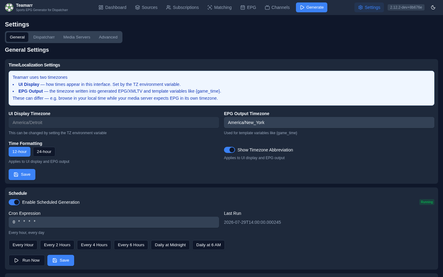 Settings → General — timezones, formatting, and the generation schedule