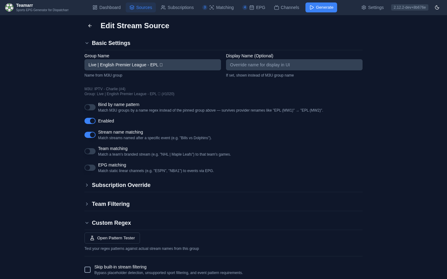 Source editor — Basic Settings with the three matching toggles
