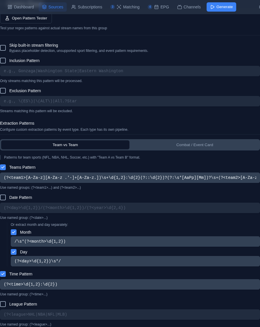 Custom Regex — stream filters and extraction patterns with event-type tabs