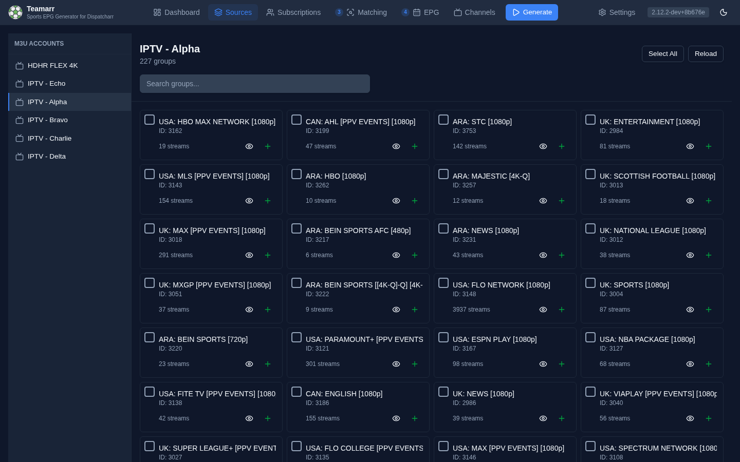 The import screen — M3U account sidebar and stream group list