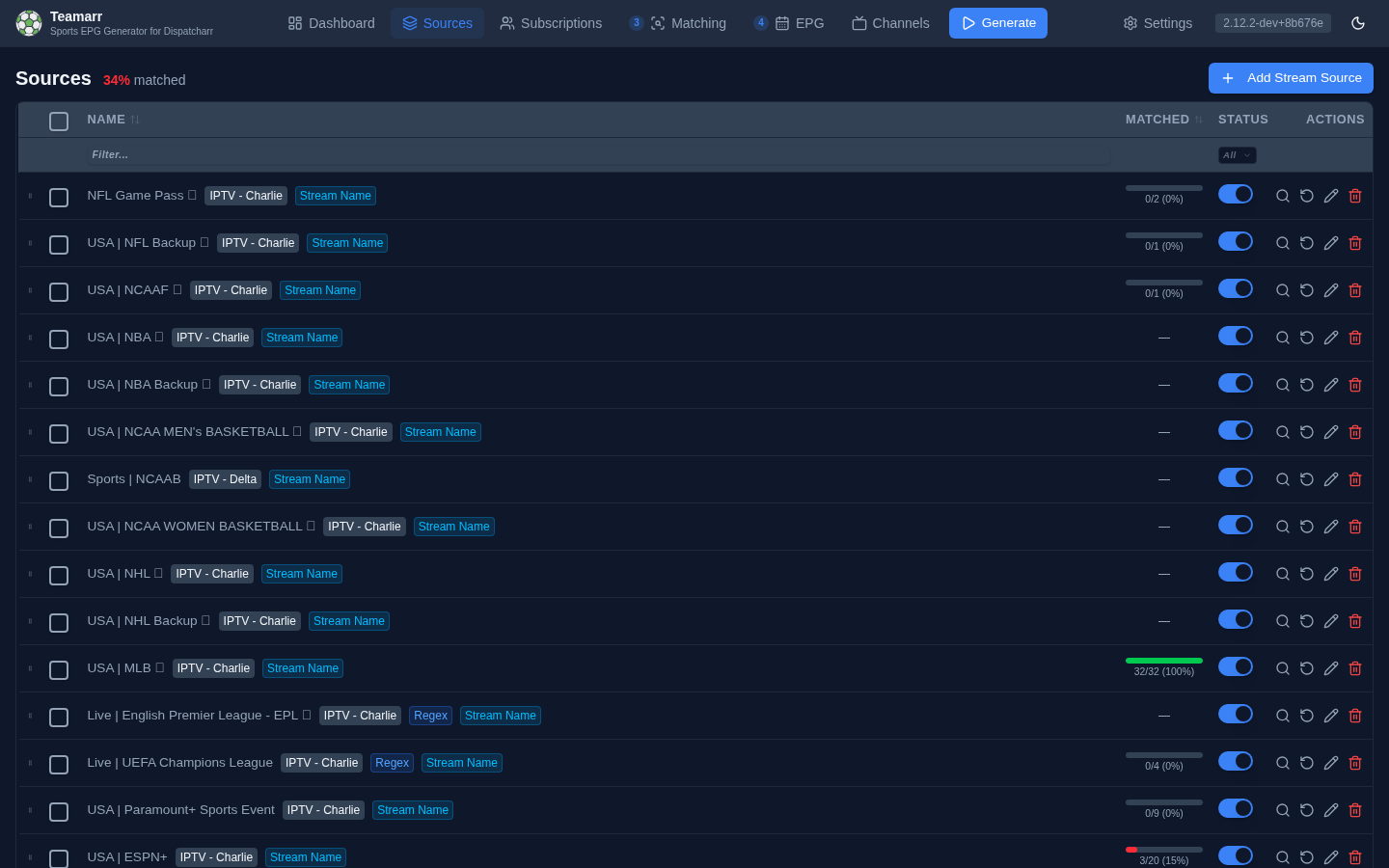 Sources table with matching-type badges, matched bars, and filters