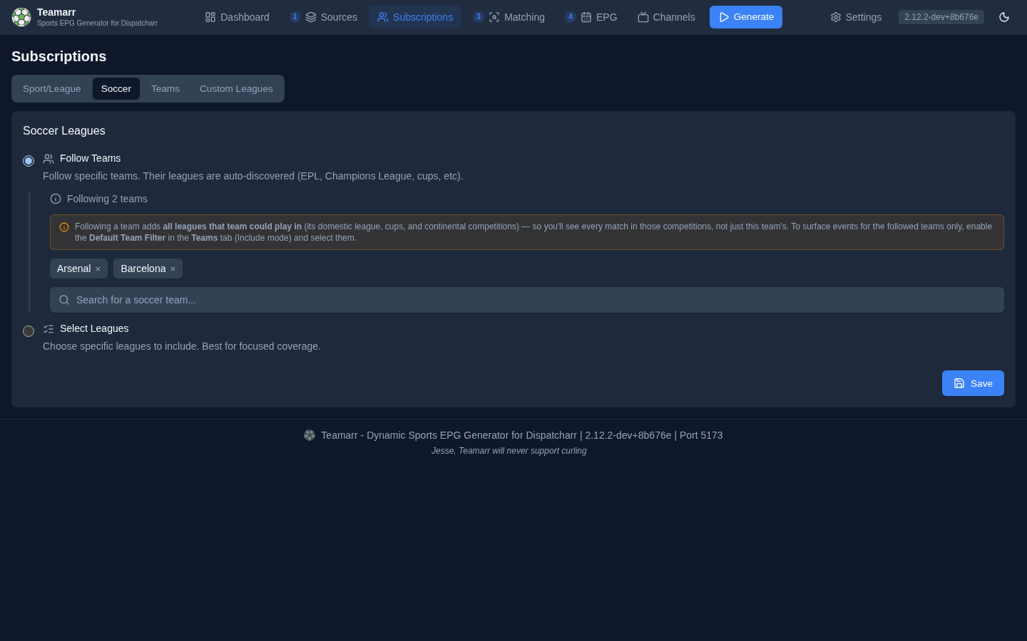 Soccer tile in Follow Teams mode with followed teams and the league-discovery callout