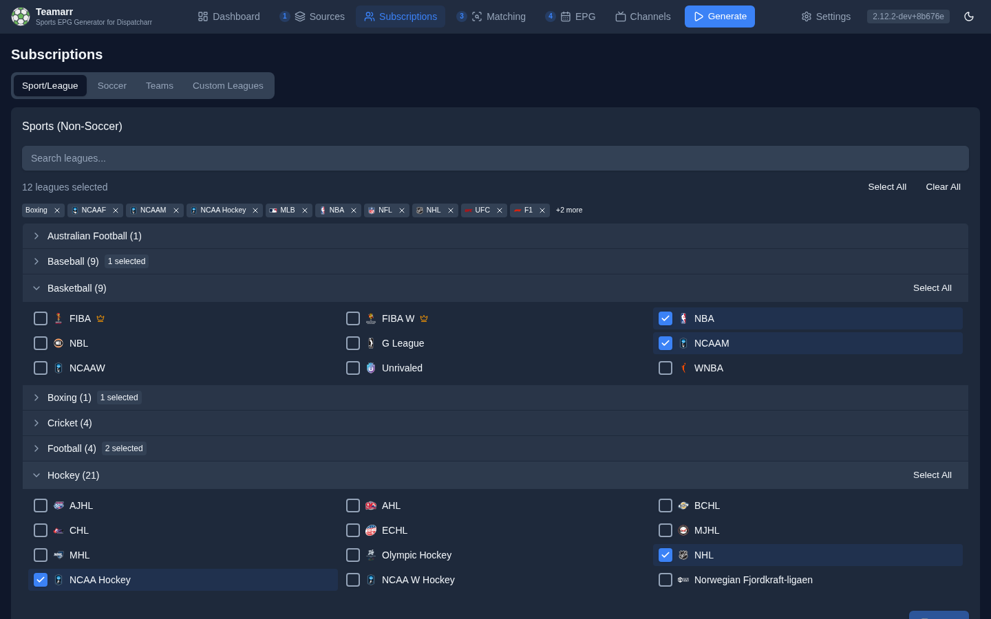 Subscriptions — Sport/League tile with selected leagues and expanded sports