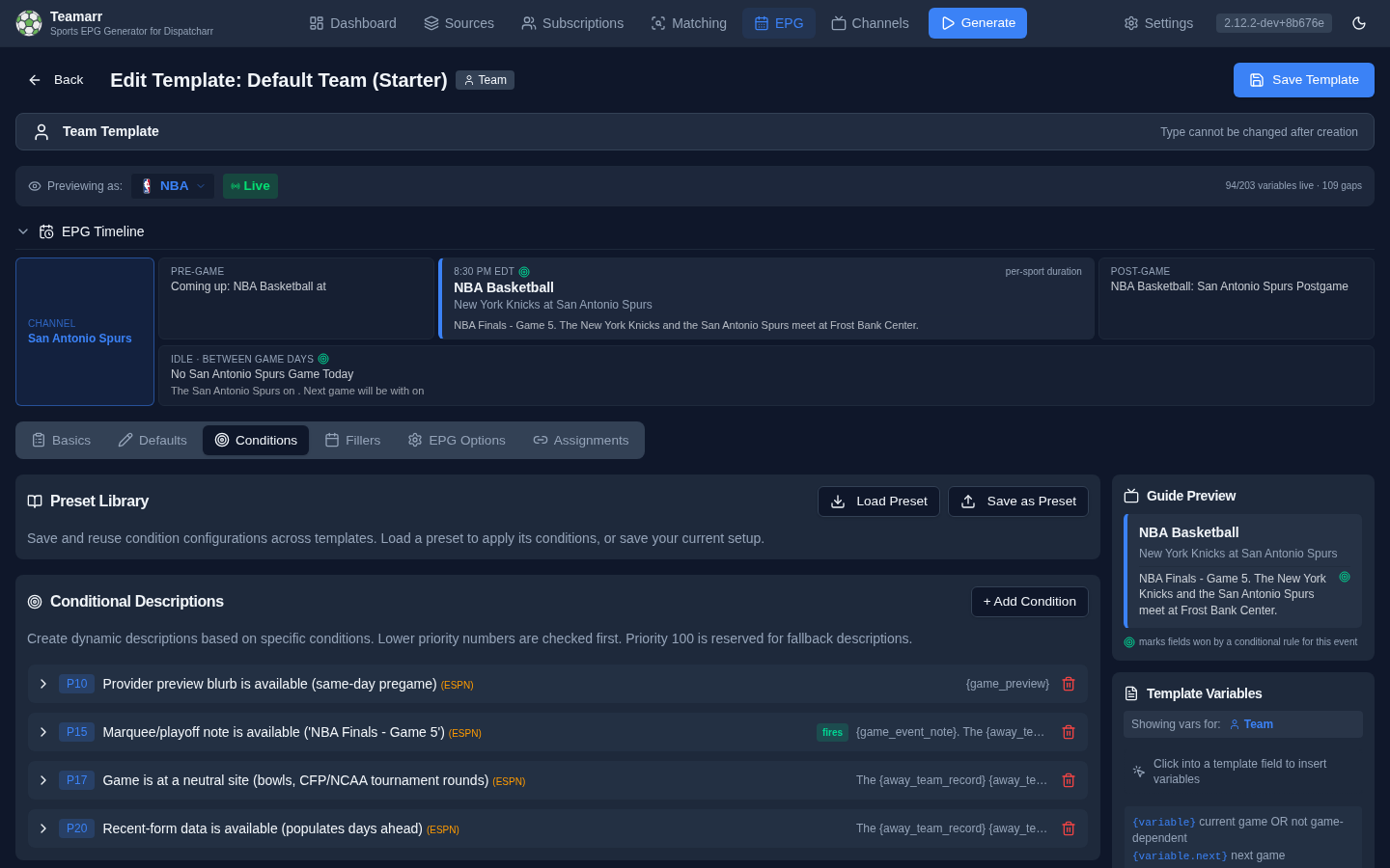 Conditions tab — preset library, prioritized rows with a live "fires" badge, and the Guide Preview