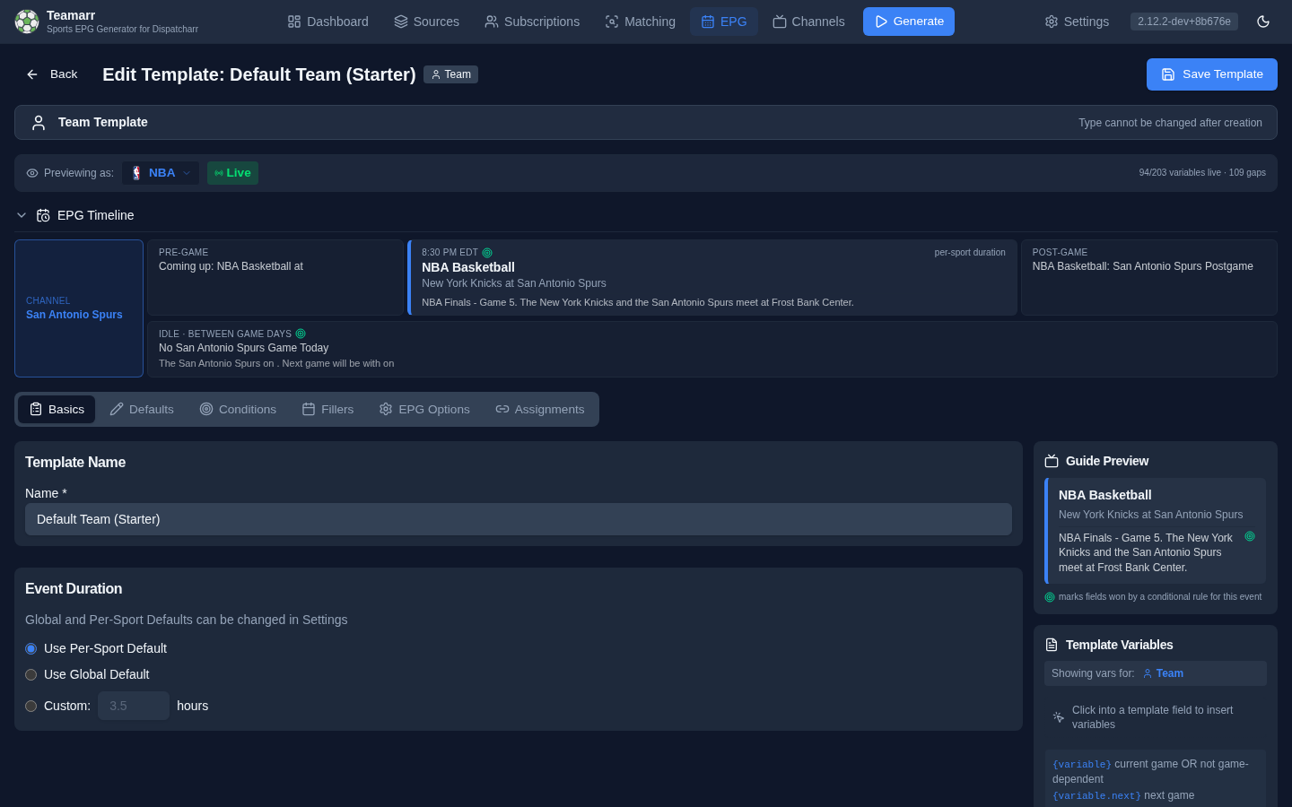 The template editor — preview bar, EPG Timeline, tab strip, and the variable picker rail